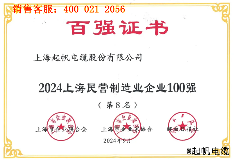 起帆電纜入圍2024年上海民營(yíng)制造業(yè)企業(yè)100強(qiáng)第8名